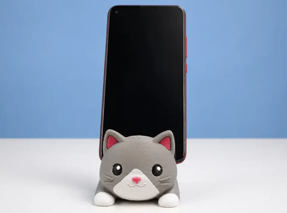 Gri kedi telefon tutucu